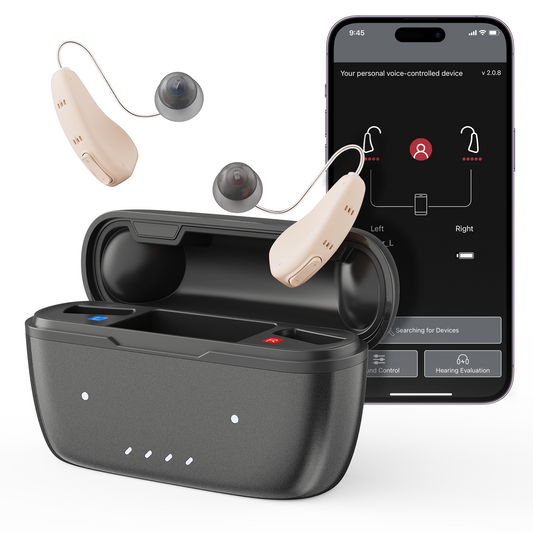 OTC Bluetooth Hearing Aids for Seniors, Rechargeable Behind-the-ear with App Control & Fitting, 16-Channel Noise Reduction, 96H Charging Case
