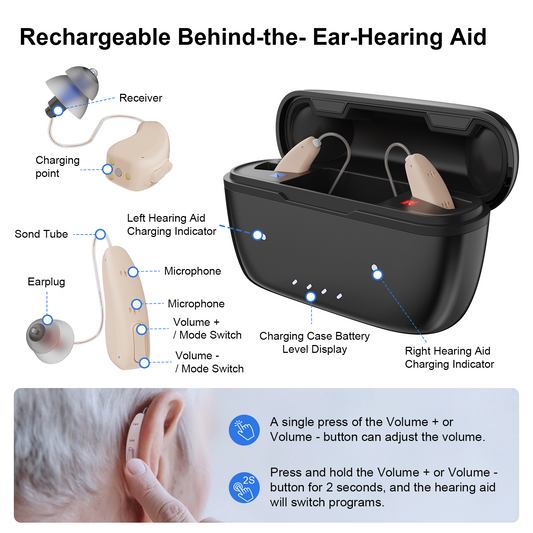 OTC Bluetooth Hearing Aids for Seniors, Rechargeable Behind-the-ear with App Control & Fitting, 16-Channel Noise Reduction, 96H Charging Case